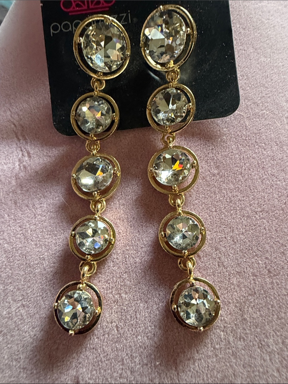 paparazzi Gold Tone Clear Crystal Linear 3” Drop Earrings, (J0295)